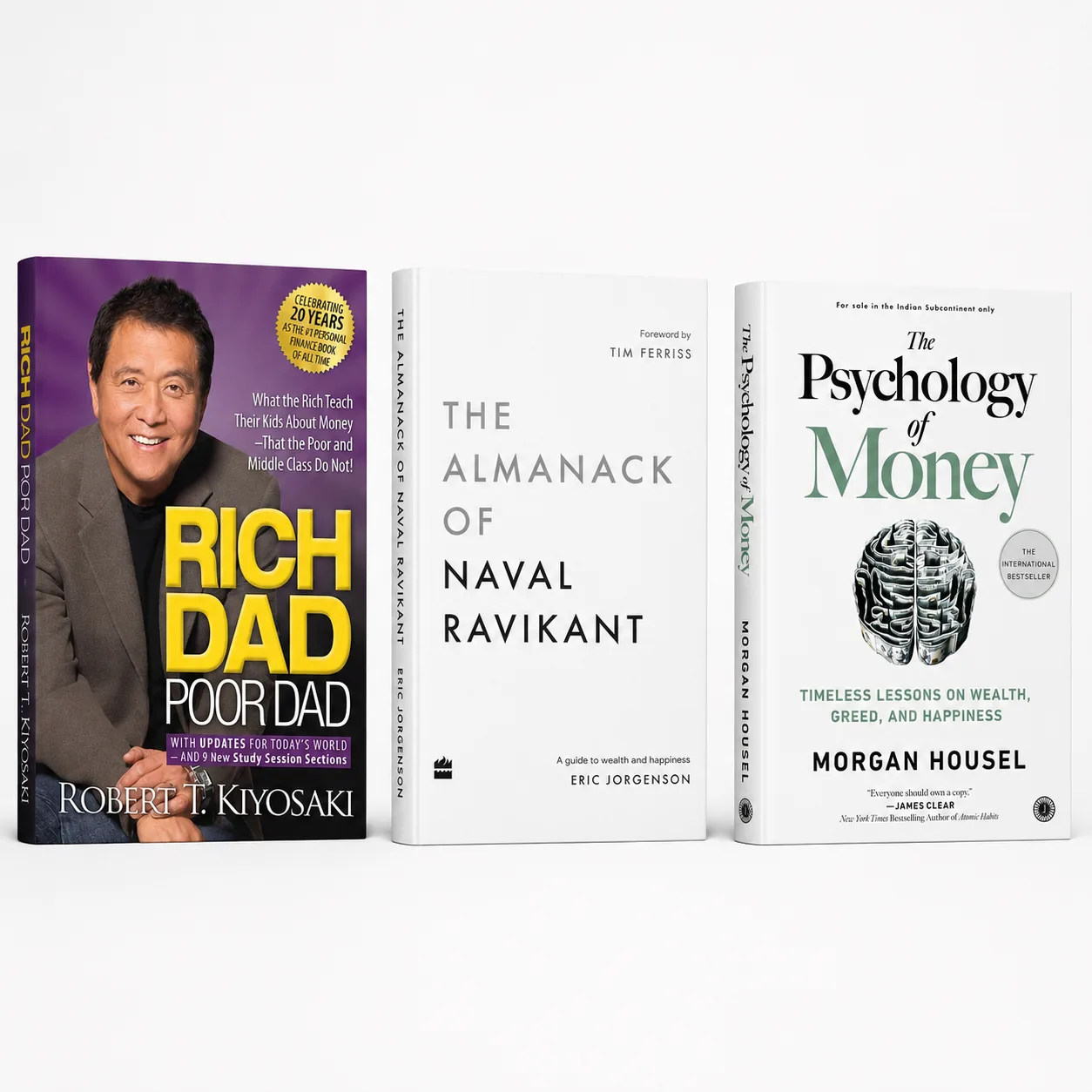 Rich Dad Poor Dad + The Psychology of Money + The Almanack of Naval Ravikant Com book cover